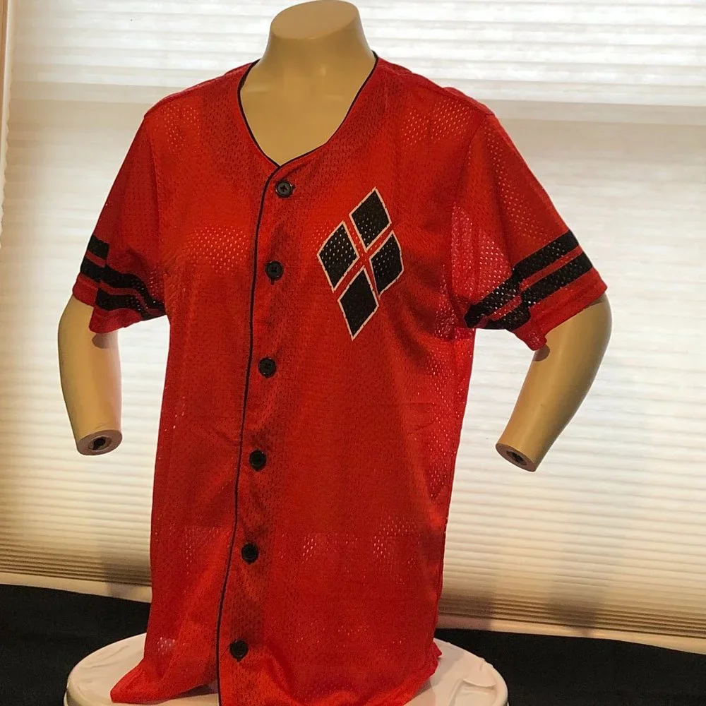 DC Comics red Harley Quinn button down mesh shirt - Picture 2 of 5